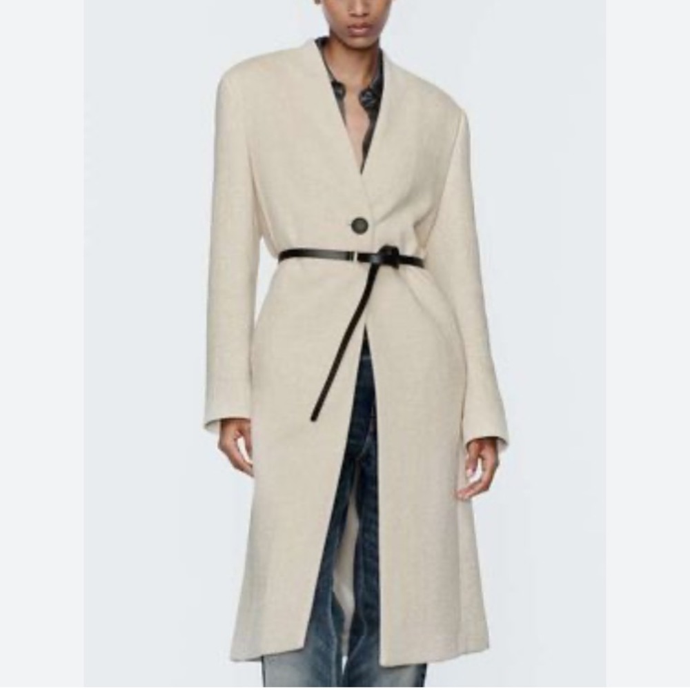 Zara wool blend trench coat with belt size Large neutral collarless minimalist